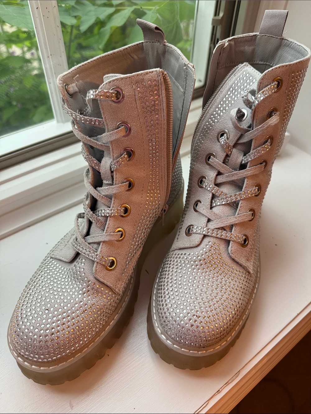 Steve Madden Silver Rhinestone Lace-Up Combat Boots